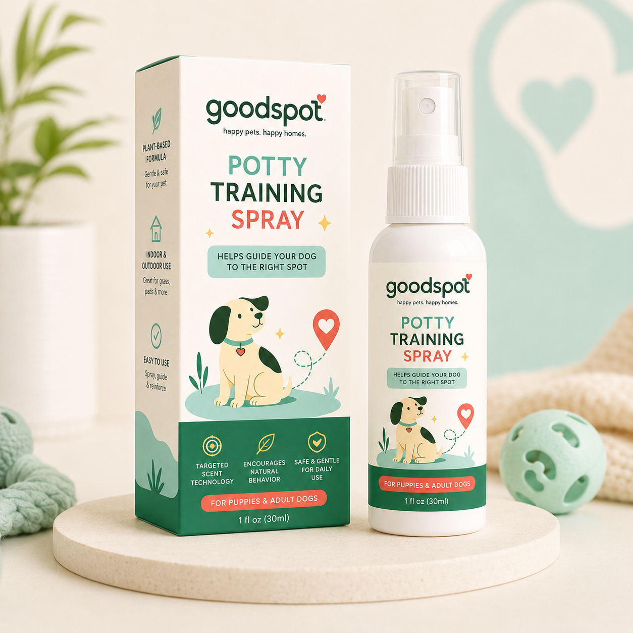 GoodSpot potty training spray bottle and packaging flat-lay