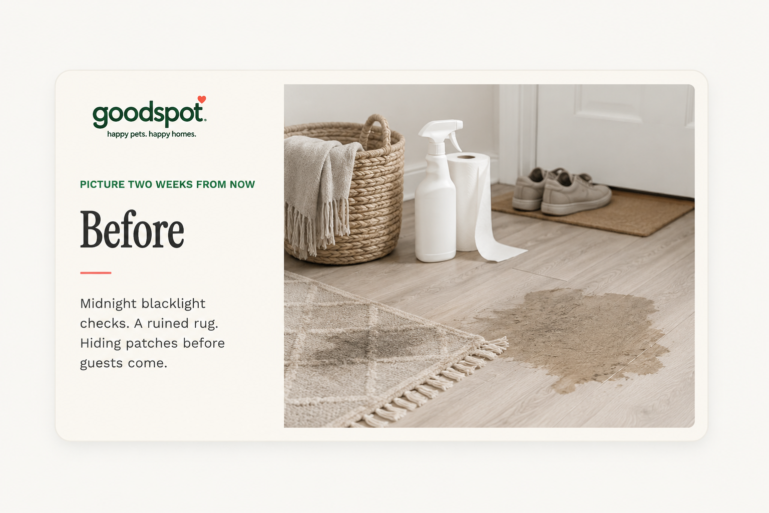 Before GoodSpot: stained floor with accident patches near the door